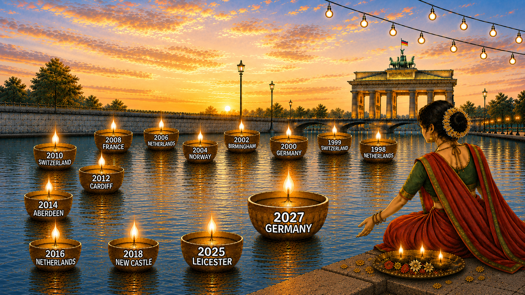 Illustration of EMS host cities from 1998 to 2027, shown as floating diyas leading up to Germany 2027